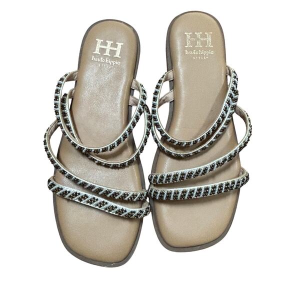 Haute Hippie slip on slides sandals beaded flats strappy resort casual US 7M - Picture 1 of 8